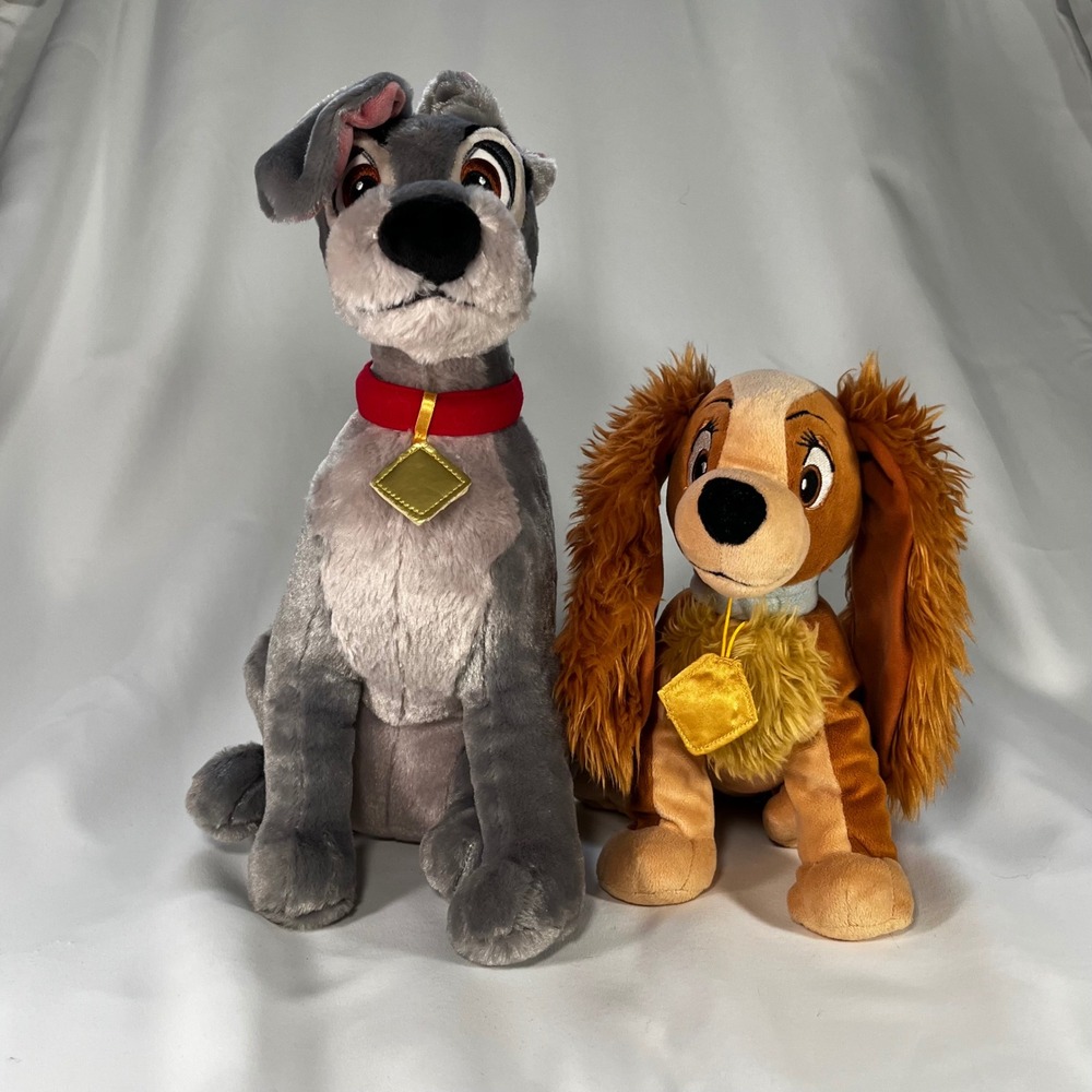 Disney Lady and the Tramp Plush Set Stuffed Animal Dogs Grey Brown